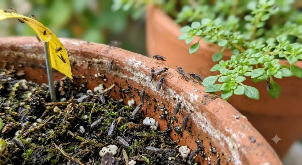 Mouches de terreau dans un pot d'aromates en terre cuite
